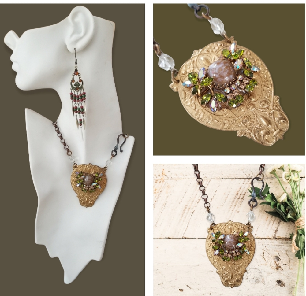 Repurposed Vintage Hand Crafted Rustic Mixed Metals Statement Pendant Necklace